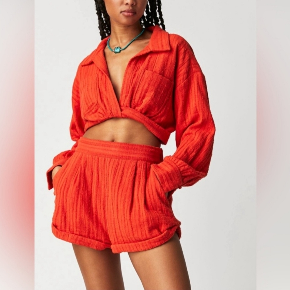 Free People Gauze Shorts And Crop Long Sleeve Top Two-Piece Set Size Small - Picture 1 of 11
